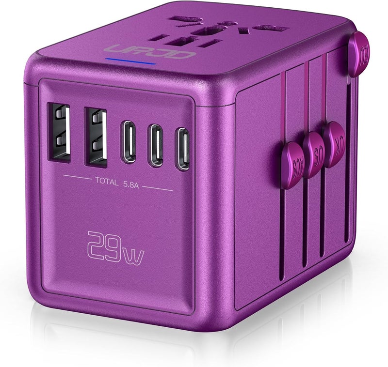 URJD Universal Travel Adapter Offers 6.0A 3X 3.0A USB-C Ports, 2X 2.4A USB-A Ports and Multi AC Outlet, All-in-One International Power Plug Adapter Worldwide Travel Charger for EU USA UK AUS (Purple) - Image 1